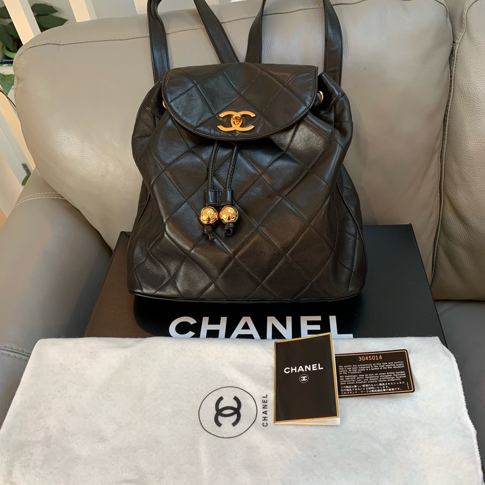 Chanel Large Vintage Black Lambskin Backpack.